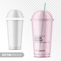 Clear disposable plastic cup with lid with label.