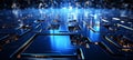 Clear empty cybernetic circuit background with futuristic technology concept and glowing neon lights