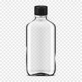 Clear empty glass bottle with black screw cap on transparent background - realistic vector mockup