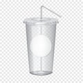 Clear plastic cup with flat lid, bendy drinking straw and white blank round label sticker on transparent background mock-up