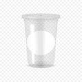 Clear empty plastic cup with flat lid and blank round label sticker on transparent background, realistic mockup Royalty Free Stock Photo