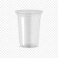 Clear empty plastic cup with flat lid on transparent background, realistic mockup. Disposable takeaway drink container, vector