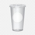 Clear empty plastic cup with flat lid and white blank round label sticker on transparent background realistic mockup Royalty Free Stock Photo
