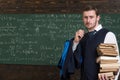 Clear explanation. Teacher formal wear and glasses looks smart, chalkboard background. Chalkboard full of math formulas