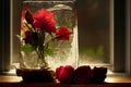 Fluted Crystal Vase With Red Flowers. Generative AI