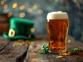 Generative AI. A Lively Pub Celebration for St. Patrick\'s Day: Beer Glass and Green Top Leprechaun Hat Royalty Free Stock Photo