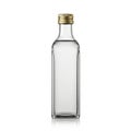 Clear glass bottle with a rectangular shape and rounded edges. It features a metallic screw cap in Royalty Free Stock Photo