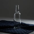 A clear glass bottle stands upright on a surface. The background is neutral, Royalty Free Stock Photo