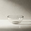 A clear glass bowl sits on a white surface in front of a textured, cracked gray wall. The bowl is Royalty Free Stock Photo