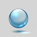 Clear Glass Bubble. Realistic Blue Sphere. 3D Ball On Transparent Background. Glossy Crystal Object With Shadow And