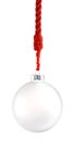 Clear glass Christmas ornament hanging from shiny red rope. Empty space in bauble for text or product. Isolated on white Royalty Free Stock Photo