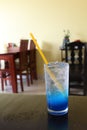 Glass cool ice water blue lemon juice on table for drink fresh