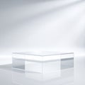 Clear glass cube podium with soft light and shadows on a reflective surface display platform Royalty Free Stock Photo