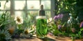 Clear Glass dropper bottle with essential oil, surrounded by variety of fresh homeopathic herbs on rustic wooden table