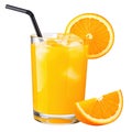 glass of orange juice with ice, drinking straw and orange fruit slice isolated on white or transparent Royalty Free Stock Photo