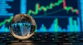 Glass globe reflecting stock market charts and data on a computer keyboard world earth Royalty Free Stock Photo