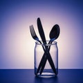 A clear glass jar contains a silver spoon, fork, and knife, arranged in a crisscross patte Royalty Free Stock Photo