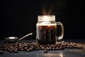 Clear glass jar filled coffee beans and scattered grains on table. Generative AI Royalty Free Stock Photo