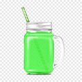 Clear glass mason jar with handle and drinking straw on transparent background. Drinking mug filled with green smoothie. Realistic