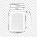 Clear glass mason jar with handle on transparent background, vector mockup. Empty drinking mug, realistic mock-up