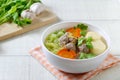 Clear glass noodle soup with Minced Pork,Vegetables and egg tofu ,Gaeng Jued Woon Sen