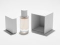 A clear glass perfume bottle displayed between two angular grey structures Royalty Free Stock Photo