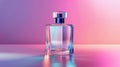 A clear glass perfume bottle set against a vibrant neon light backdrop, Ai Generated