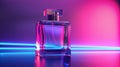 A clear glass perfume bottle set against a vibrant neon light backdrop, Ai Generated