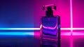 A clear glass perfume bottle set against a vibrant neon light backdrop, Ai Generated