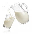 Clear glass pitcher and a glass with cow\'s milk, isolated on a white Royalty Free Stock Photo