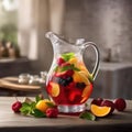 A clear glass pitcher filled with sangria, brimming with fresh fruits and ice4 Royalty Free Stock Photo