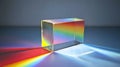 A clear glass prism refracting light into a spectrum of colors on a blue gray surface background Royalty Free Stock Photo