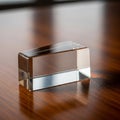 A clear glass rectangular prism rests on a polished wooden surface Royalty Free Stock Photo