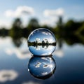 A clear glass sphere sits on a reflective surface, inverting the background view of a Royalty Free Stock Photo