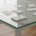 Clear glass table with white edges holds several stacks of white rectangular cards, featuring printed text.