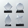 Clear glass trophy awards on transparent background vector set