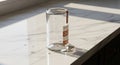 A clear glass tumbler lies upside down on a white marble countertop. The surface has a subtle Royalty Free Stock Photo