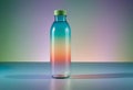 A clear glass water bottle with a colorful gradient design