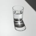 A clear glass of water casts a striking shadow on a smooth, light-colored surface. The Royalty Free Stock Photo