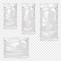 Clear glossy plastic bag with zip lock vector mock-up set. Empty blank transparent vinyl zipper stand-up pouch package