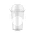 Clear glossy plastic cup with blank round label sticker, vector mock-up. Empty to go beverage mug with dome lid, mockup