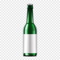 Clear green glass bottle with cap and blank white label on transparent background, vector mockup. Water, beer, soda Royalty Free Stock Photo