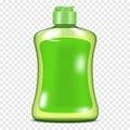 Clear green plastic bottle with screw flip top cap and blank label on transparent background. Liquid soap, dishwashing liquid