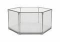 Clear hexagonal geometric container with metal edges isolated on white background Royalty Free Stock Photo