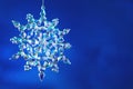 Clear holographic glass snowflake on blue sky background