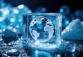 Glowing ice cube with a globe design reflecting environmental awareness and Royalty Free Stock Photo
