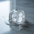 A clear ice cube is partially melted on a smooth gray surface Royalty Free Stock Photo