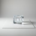 A clear ice cube rests on a smooth white surface, casting subtle Royalty Free Stock Photo