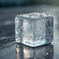 A clear ice cube sits on a smooth surface, reflecting light and displaying tiny bubbles trapped inside. The sunlight Royalty Free Stock Photo