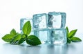 Clear ice cubes stack with fresh mint leaves. Cool refreshing elements for drinks, cocktails, and summer beverages. Crisp, clean, Royalty Free Stock Photo
